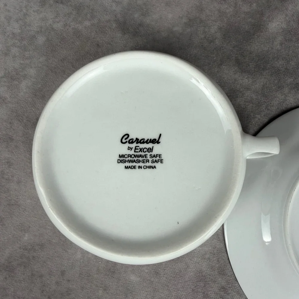 Vtg Caravel by‎ Excel Gravy Boat & Saucer Set Blk Border Pastel Iris Tulip China
